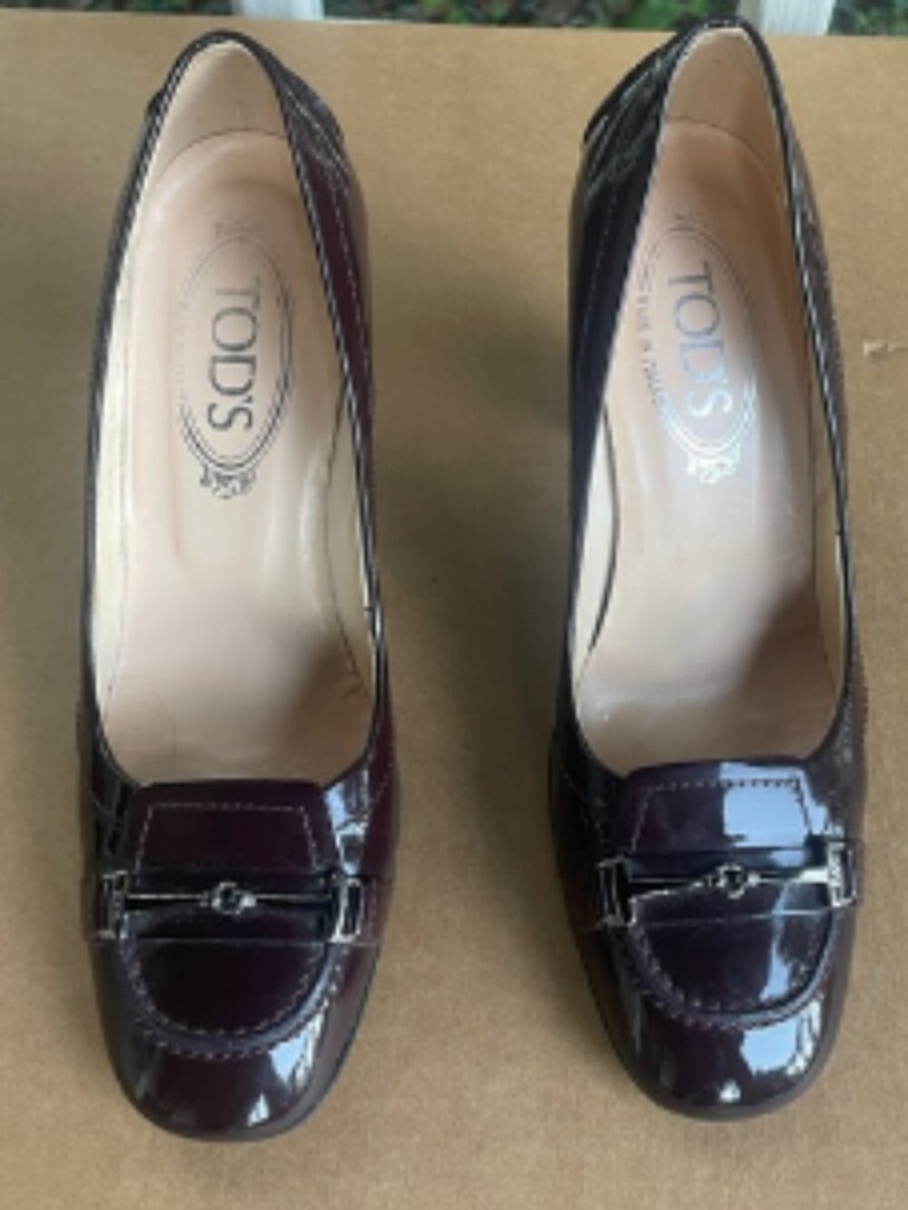 Tod's Women's Burgundy Patent Leather Loafers with Metal Bit size 36.5